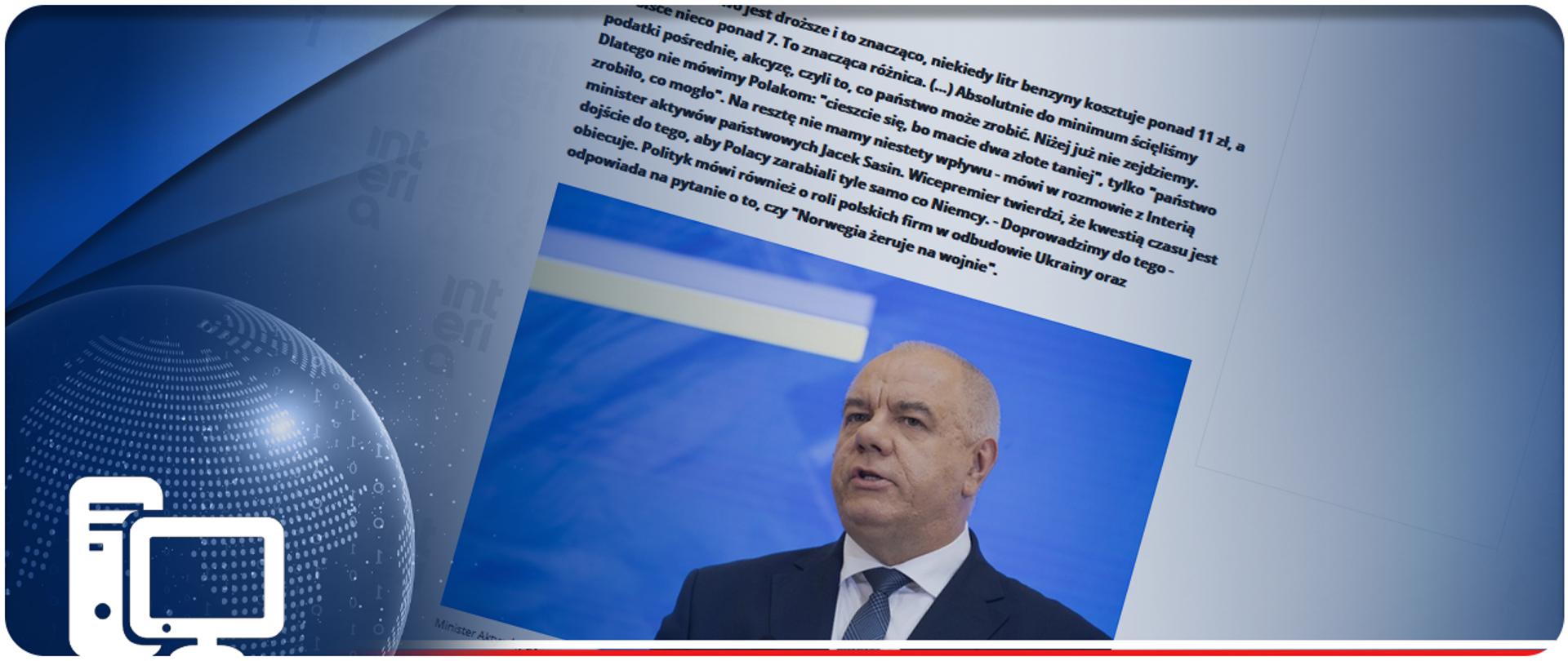 Infografika - na środku screen ze strony internetowej, na zdjęciu wicepremier Jacek Sasin. W lewym dolnym rogu ikonka komputera. 