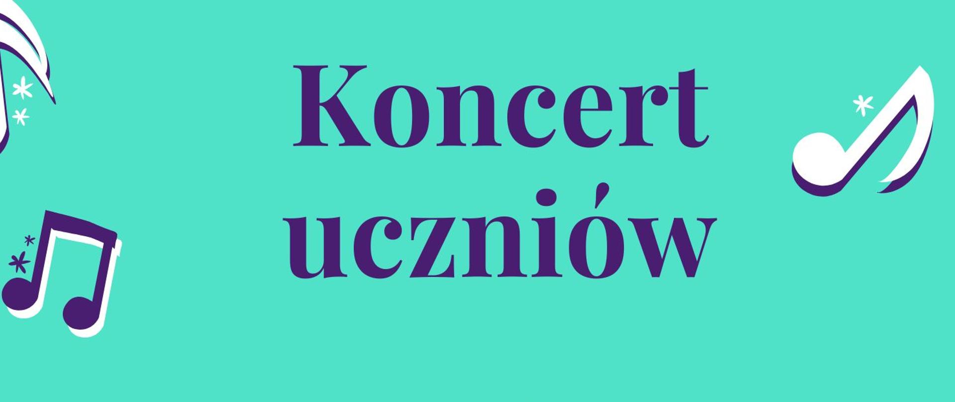Plakat koncertowy na turkusowym tle z fioletowymi i białymi motywami nut rozmieszczonymi w rogach. U góry dużym fioletowym napisem widnieje tytuł: „Koncert uczniów Zespołu Państwowych Szkół Muzycznych w Żorach”. W środkowej części znajdują się informacje o wykonawcach. W dolnej części, na fioletowym pasie, podano termin i miejsce wydarzenia. Na samym dole znajdują się logotypy instytucji i partnerów, w tym sali koncertowej, funduszy europejskich, Rzeczypospolitej Polskiej, Unii Europejskiej oraz Zespołu Państwowych Szkół Muzycznych w Żorach.