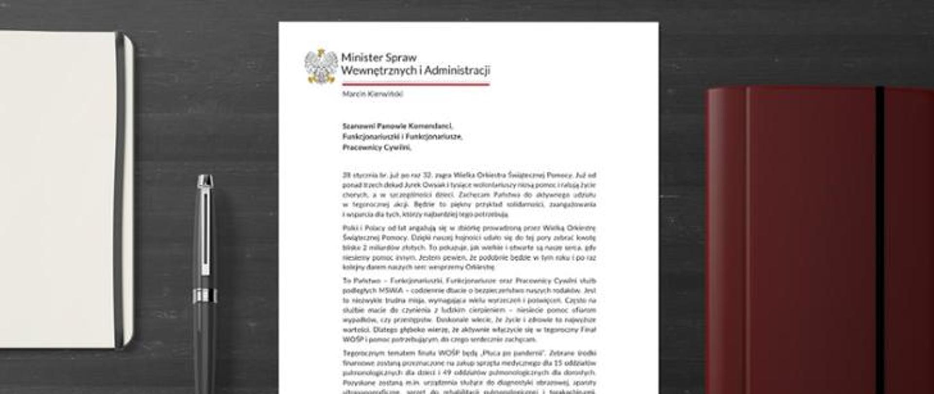 List pana ministra Marcina Kierwińskiego do funkcjonariuszy służb podległych MSWiA. Po lewej na infografice jest pióro, po prawej stronie dokument w etui a na środku list