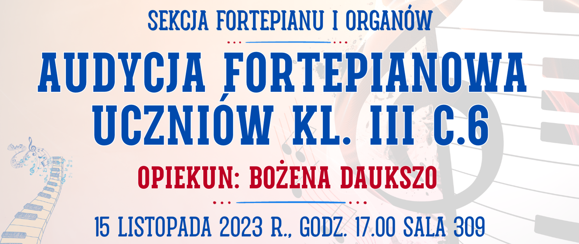 kolorowe tło z muzycznymi elementami typu clipart oraz informacja o wydarzeniu