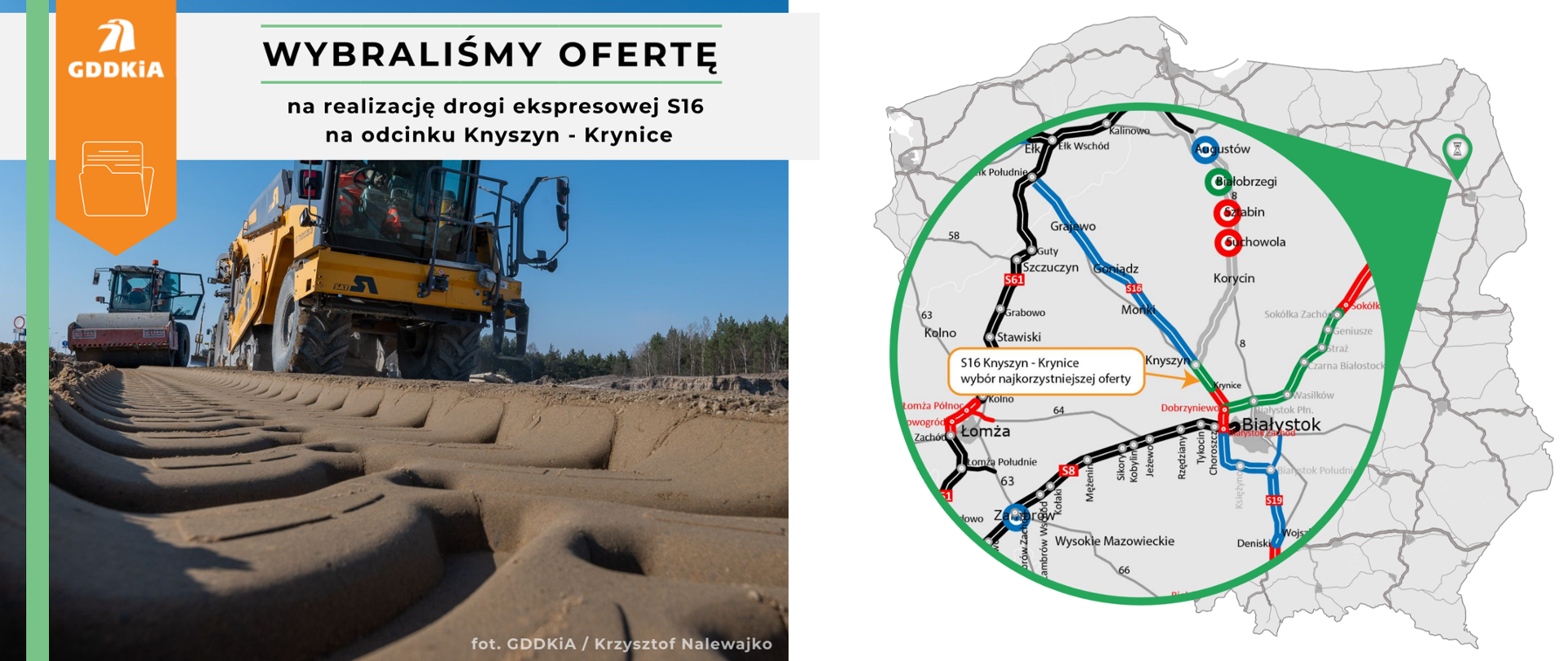 Infografika dot. wyboru najkorzystniejszej oferty na realizację drogi S16 Knyszyn - Krynice