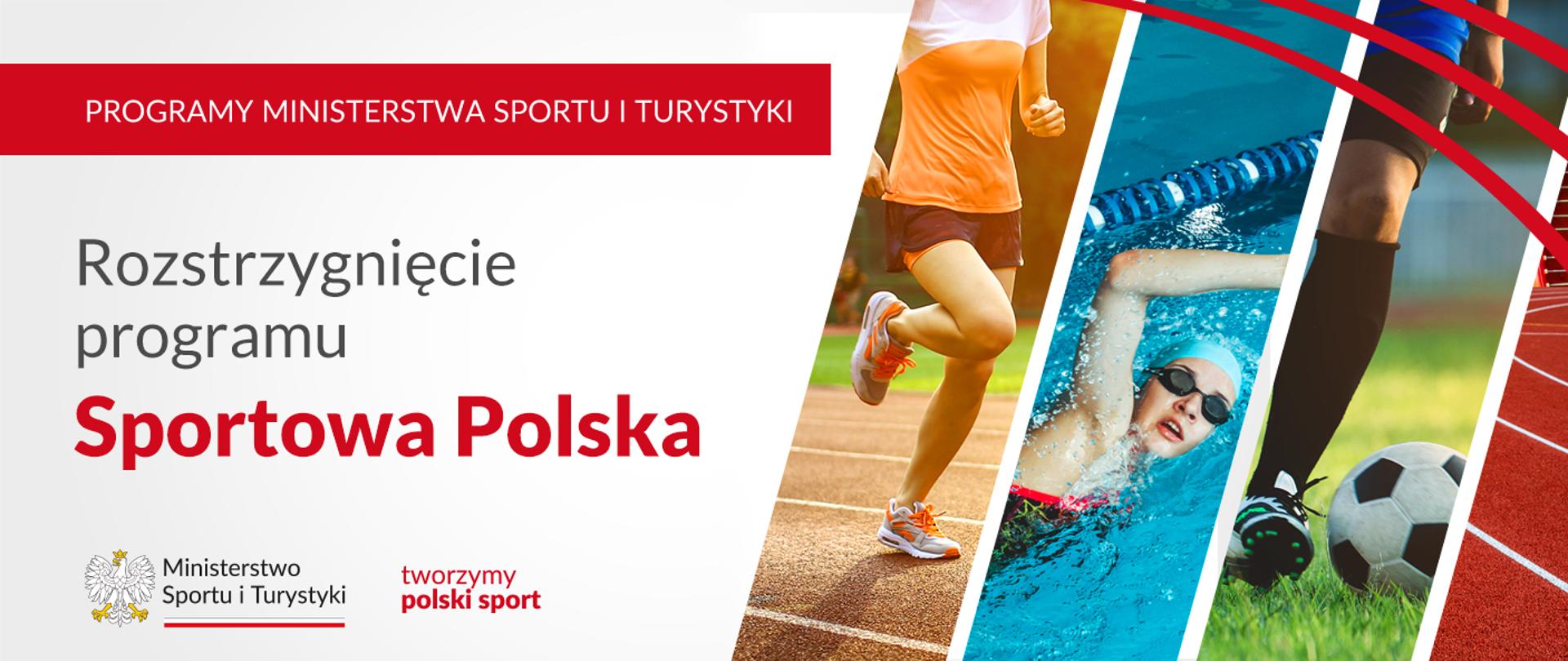 Grafika z napisem Rozstrzygnięcie programu Sportowa Polska i logotypem Ministerstwa Sportu i Turystyki. Trzy wycinki zdjęć. Na jednym biegająca osoba na bieżni, na kolejnym pływające dziecko i na trzecim widoczna piłka nożna i noga z butem sportowym