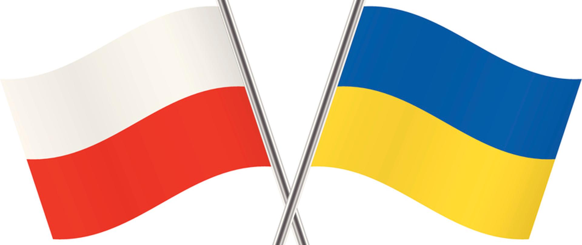 Dwie flagi Polski (biało-czerwona) i Ukrainy (niebiesko-żółta) na białym tle.
