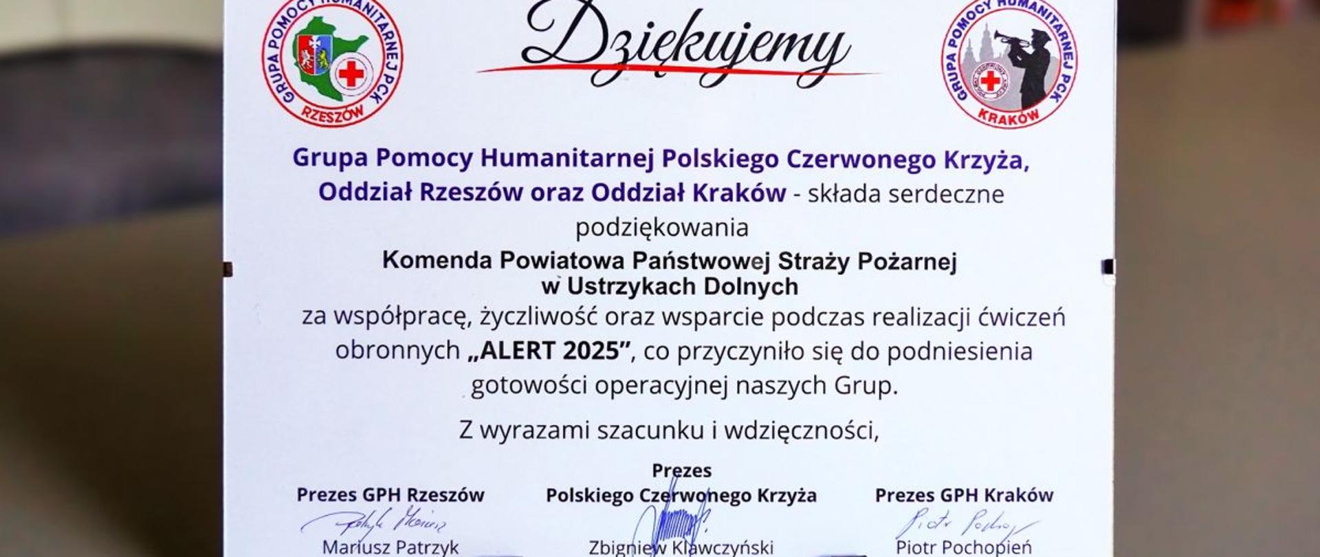 Zdjęcie przedstawia podziękowania od PCK oddział Rzeszów i oddział Kraków.