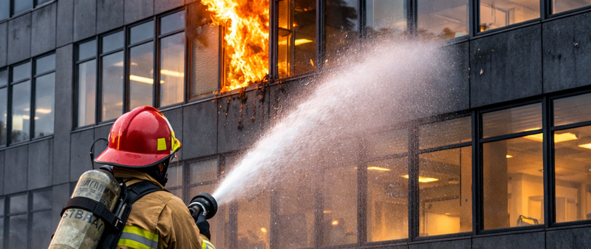 Na zdjęciu widać strażaka stojącego na zewnątrz nowoczesnego budynku biurowego i gaszącego pożar za pomocą silnego strumienia wody z węża. Ma na sobie specjalistyczny strój ochronny w kolorze piaskowym z odblaskowymi elementami oraz czerwony hełm.
Pożar jest skoncentrowany w jednym oknie na wyższym piętrze budynku — z jego wnętrza wydobywają się intensywne, pomarańczowe płomienie oraz gęsty, czarny dym unoszący się ku górze. Reszta okien wygląda na nienaruszoną, co podkreśla, że ogień obejmuje tylko jedno pomieszczenie.
Wokół strażaka widać mokrą nawierzchnię i odbicia światła, co sugeruje, że akcja gaśnicza już trwa od jakiegoś czasu. Scena jest dynamiczna i dramatyczna — kontrast między szarością budynku a jasnymi płomieniami i białym strumieniem wody przyciąga uwagę.