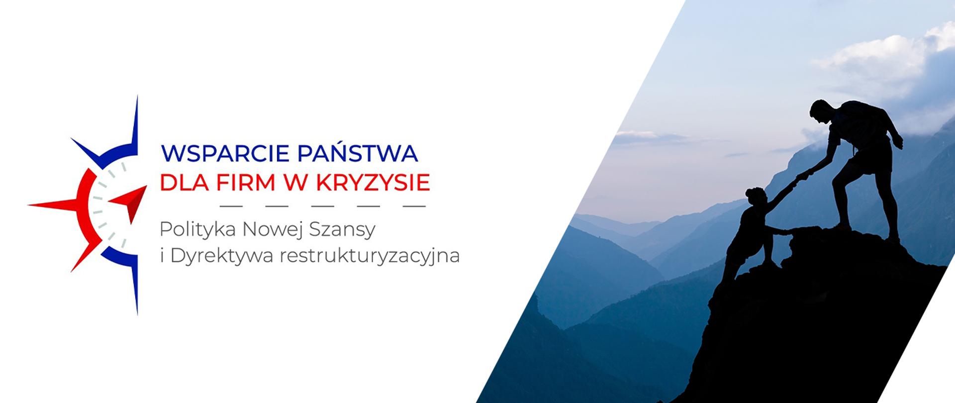 Centrum grafiki zajmuje zaproszenie na konferencję „Wsparcie państwa dla firm w kryzysie. Polityka Nowej Szansy i Dyrektywa restrukturyzacyjna” organizowaną przez Biuro Regionalne PARP w Poznaniu. Po lewej stronie grafiki widać mężczyznę stojącego na górze, który podaje rękę wchodzącej na górę dziewczynie. 