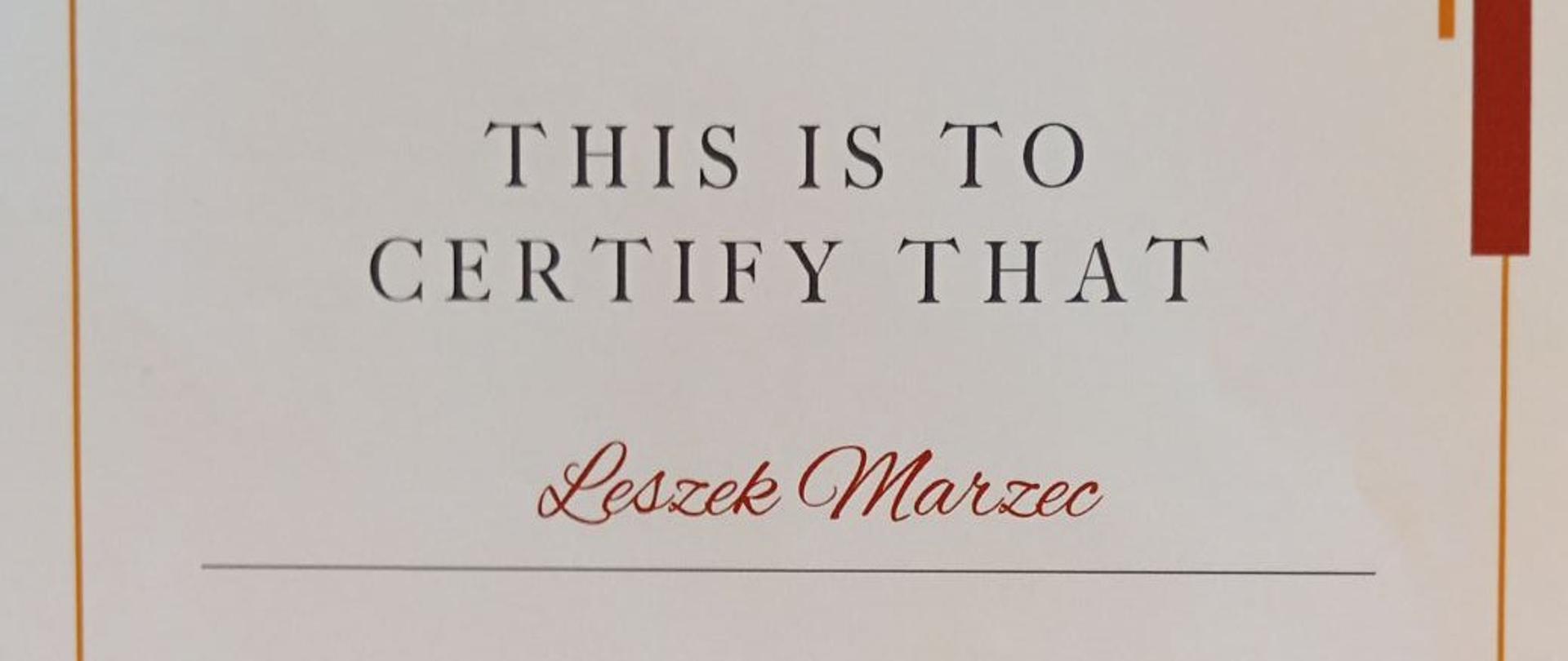 Certyfikat Dr n. o zdr. Leszek Marzec