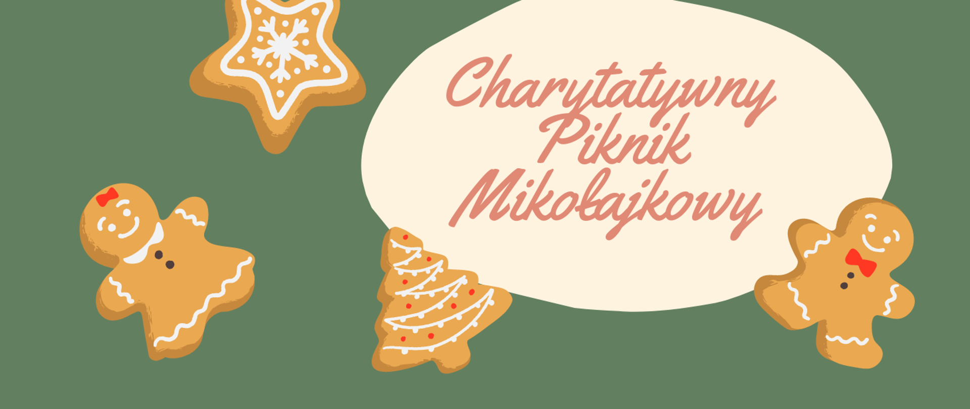 na zielonym tle rozrzucone pierniczki, napis charytatywny piknik mikołajkowy