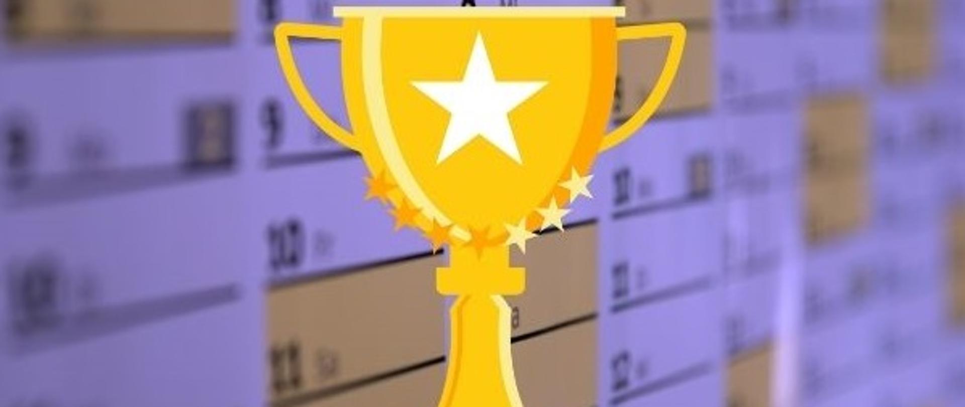 Grafika przedstawia złoty puchar na tle kalendarza