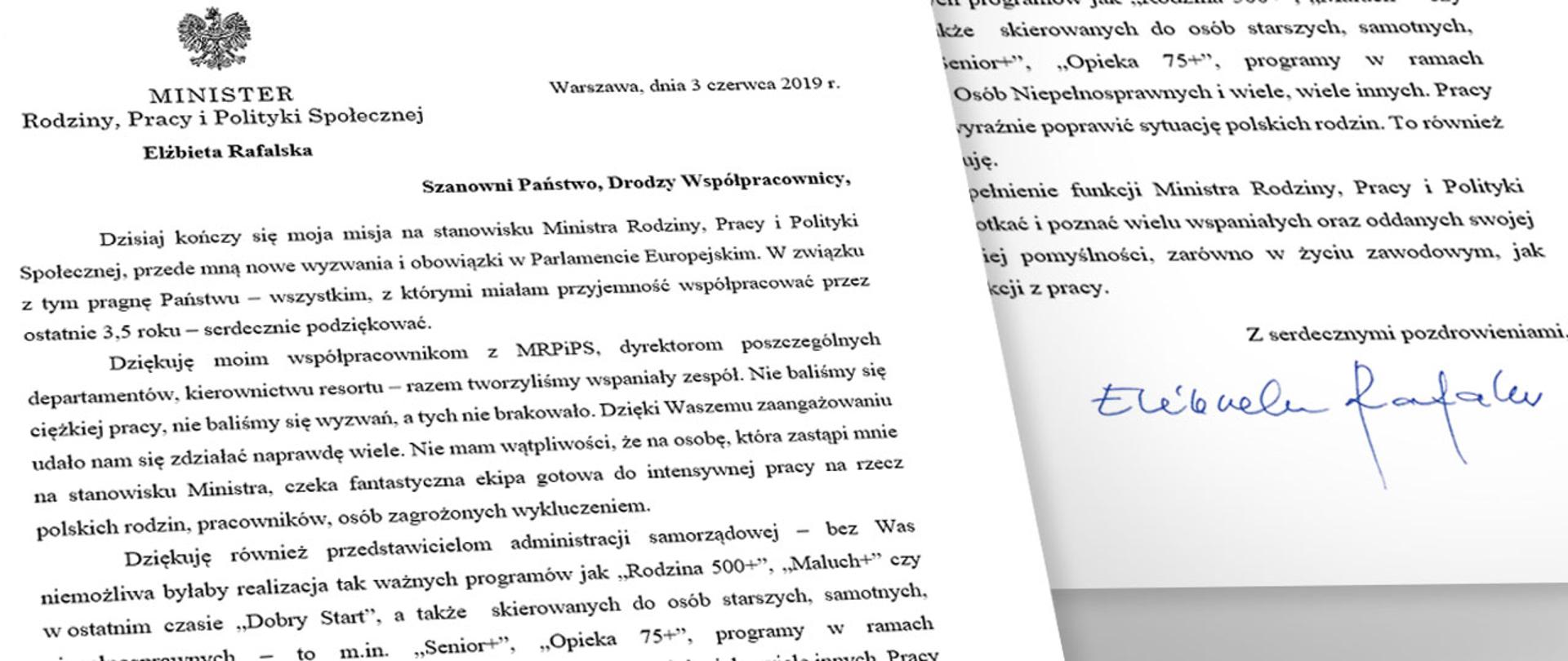 List minister Rafalskiej do współpracowników