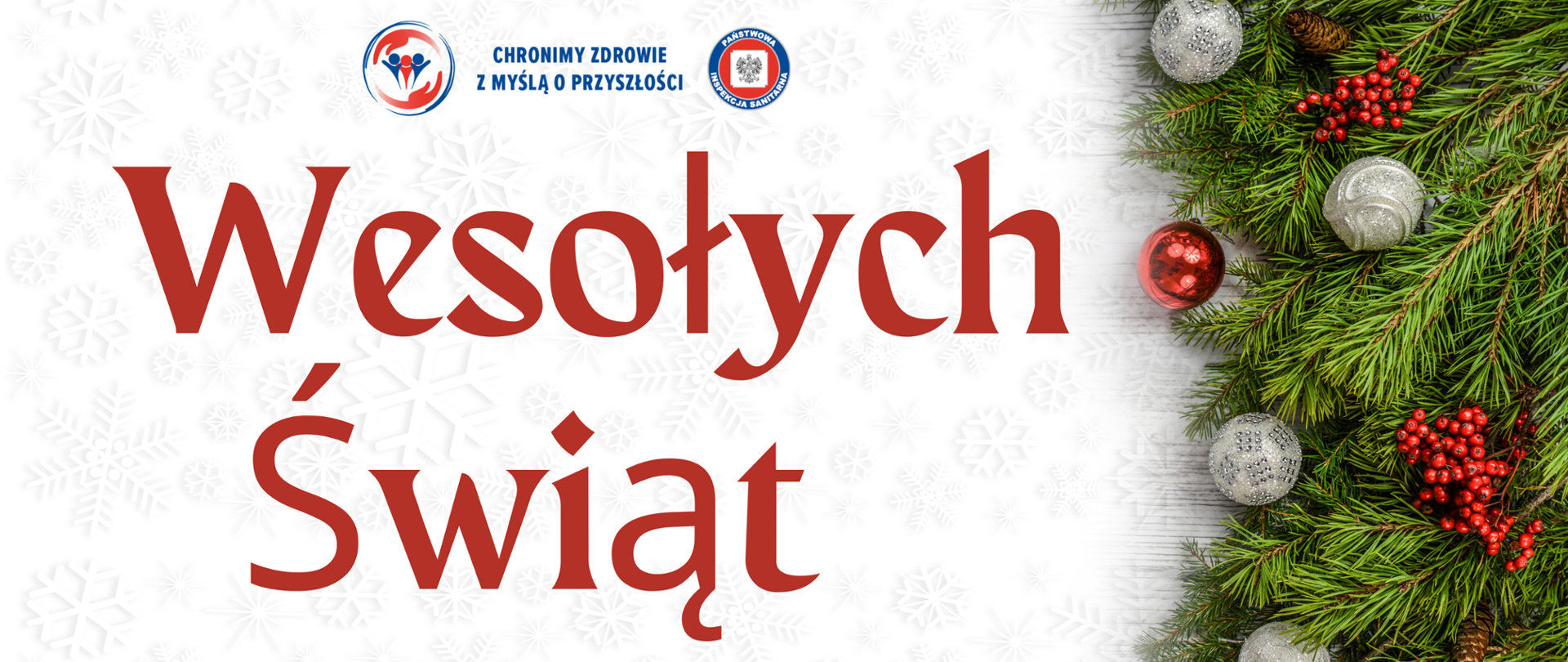 Grafika przedstawia napis Wesołych Świąt, gałązkę choiny przyozdobiona bombkami 