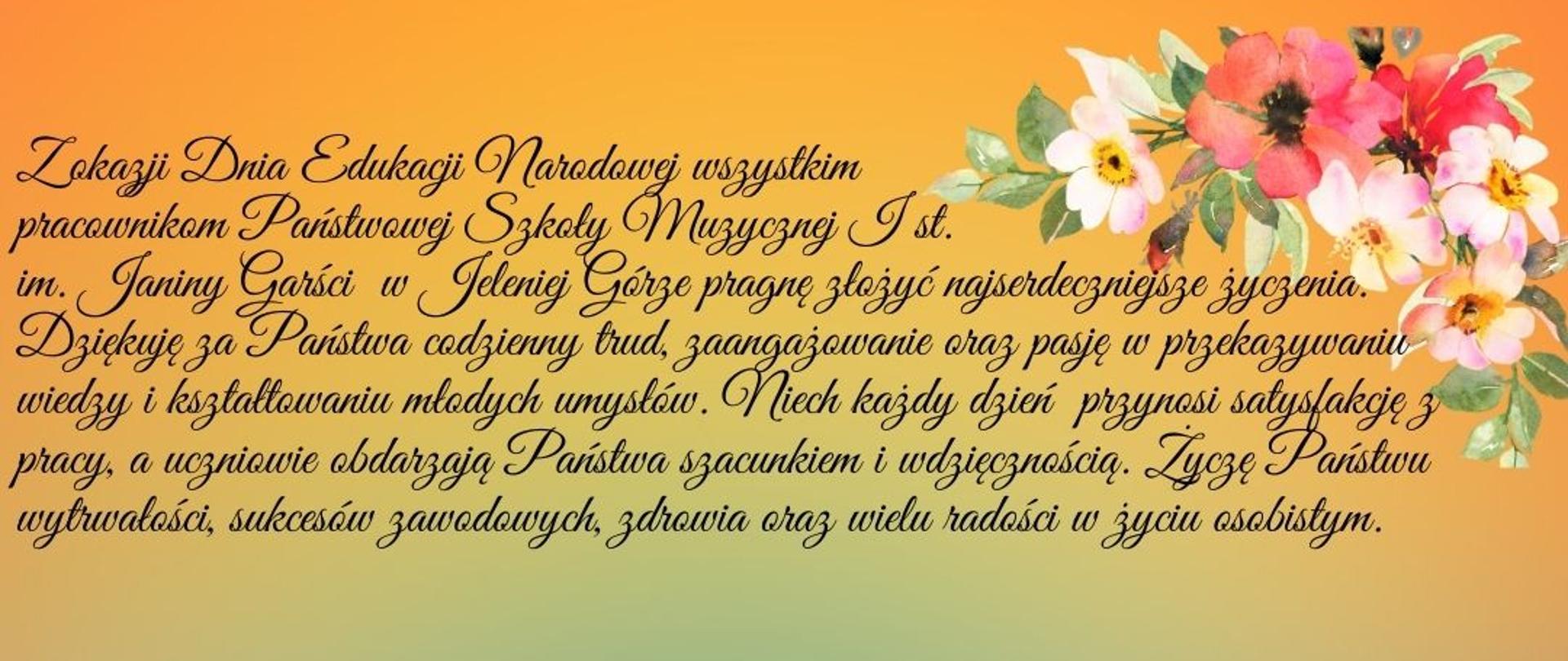 Na pomarańczowym tle życzenia - napis w kolorze granatowym. W prawym górnym rogu kwiatki czerwone i białe.