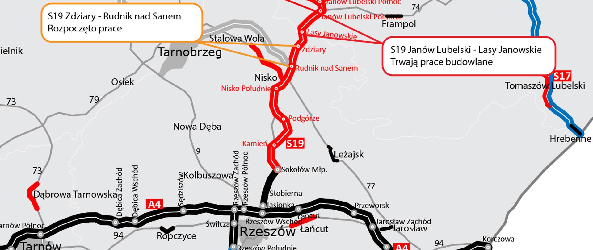 Mapa S19 odcinek Zdziary - Rudnik