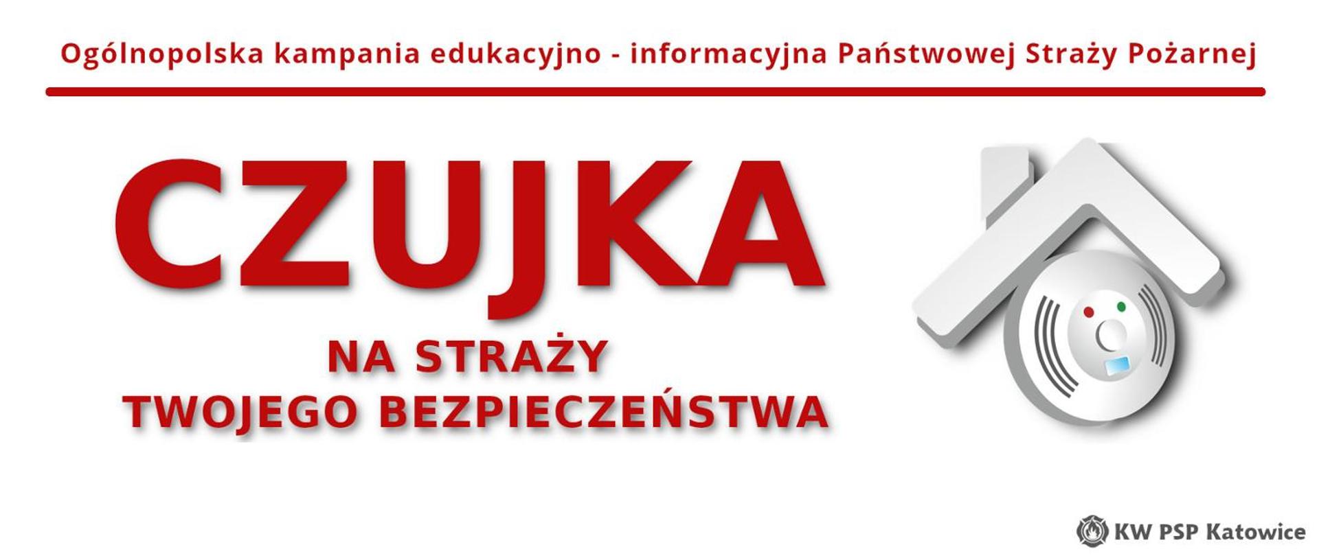 Ilustracja przedstawia z lewej strony napis czujka na straży twojego bezpieczeństwa, po prawej stronie graficzne przedstawienie czujnika tlenku węgla, a u góry, na środku napis ogólnopolska kampania informacyjno-edukacyjna PSP