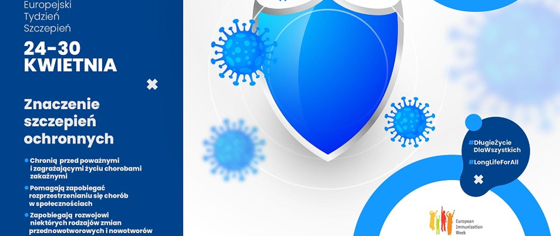 grafika z informacjami: 24-30 kwietnia Europejski Tydzień Szczepień. PO lewej stronie na niebieskim tle biały napis Znaczenie szczepień ochronnych, a po prawej na białym tle niebieska tarcza, od której odbija się wirus. Na chmurce napis z hasłem obchodów #DługieŻycieDlaNasWszystkich