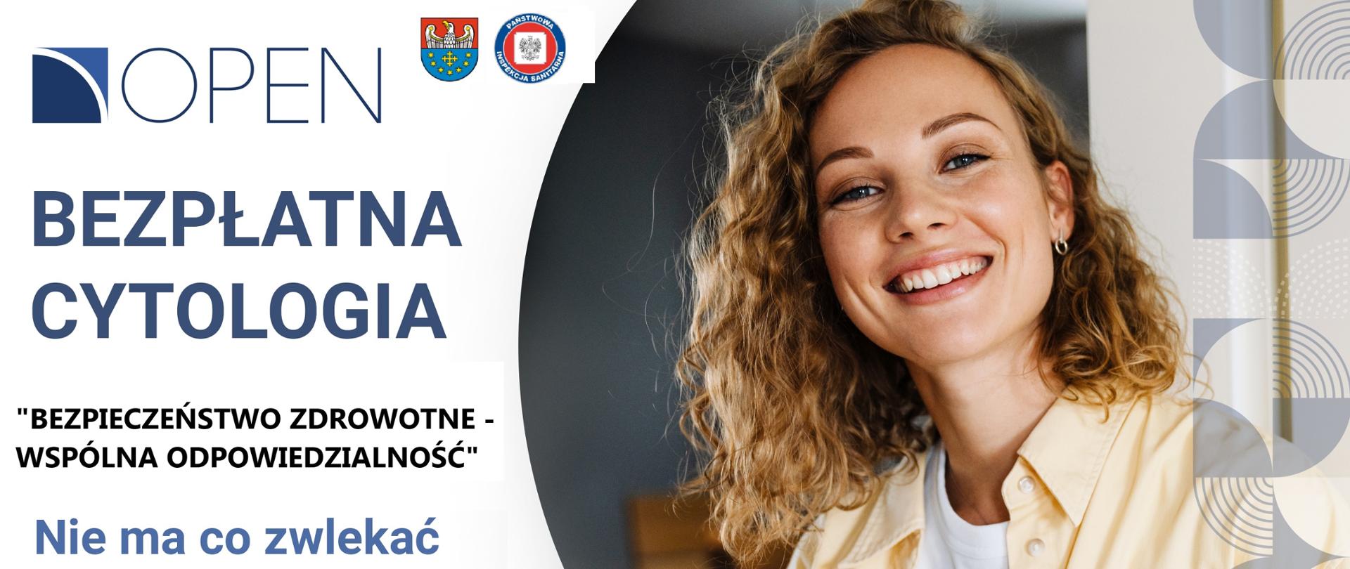 na kolorowej infografice z prawej strony uśmiechnięta kobieta w rozpuszczonych blond włosach trzymająca w rękach komórkę, z lewej strony informacje dotyczące badania cytologicznego miejsce, data, numery telefonów, godziny oraz hasło "Bezpieczeństwo zdrowotne-wspólna odpowiedzialność"