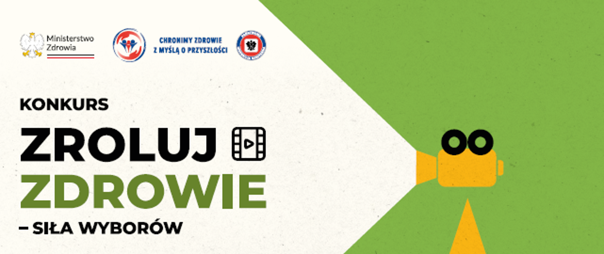 Plakat konkursu „Zroluj zdrowie – siła wyborów” o tematyce życia bez nikotyny. Przedstawia młodą kobietę z plecakiem, która stoi tyłem na krawędzi otwartej, metalowej pułapki (wnętrze pułapki naszpikowane jest e-papierosami). Z prawej strony żółty projektor filmowy rzuca na zielone tło snop światła w kształcie dużej, żółtej gwiazdy z napisem „Życie bez nikotyny. Dołącz i pokaż, że to Twój wybór”. W lewym górnym rogu widoczne są logotypy Ministerstwa Zdrowia oraz kampanii społecznych.