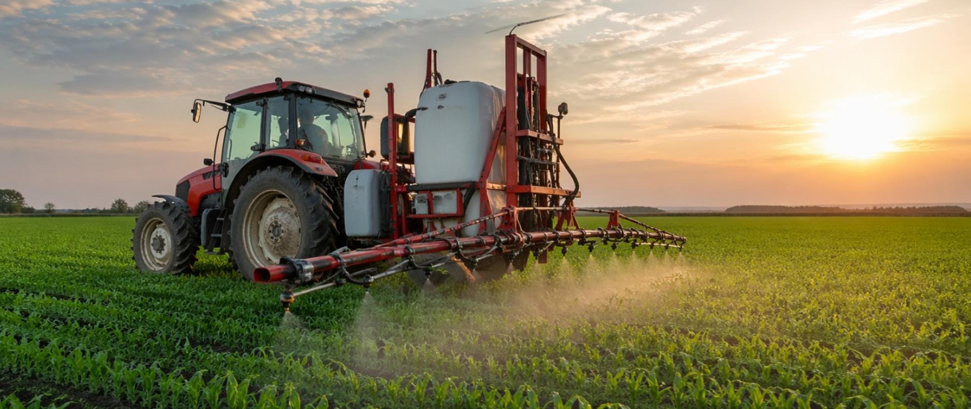 Ciągnik rolniczy opryskujący młode uprawy na polu o zachodzie słońca
