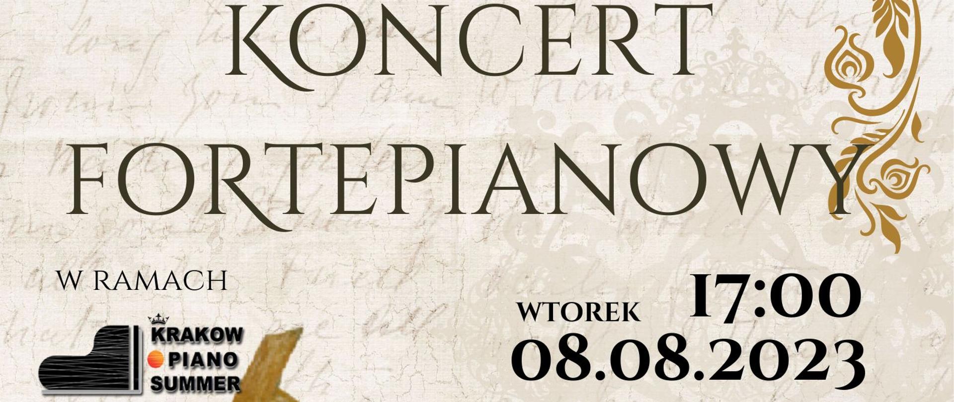 Plakat informacyjny dotyczący Koncertu Fortepianowego odbywającego się 08.08.2023 r. o godz. 17.00.
Na szarym tle, rysowany pianista grający na fortepianie stojącym na sukiennicach. 
