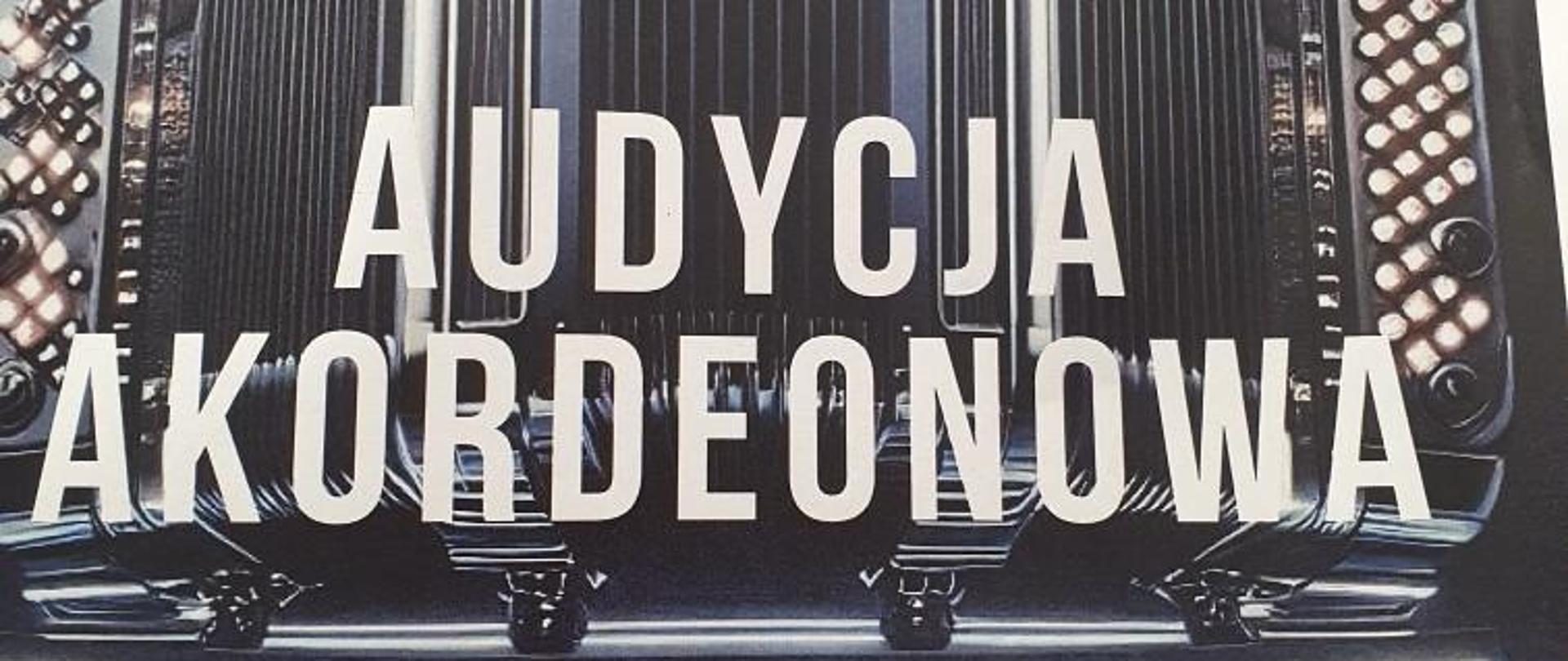 Plakat czarne tło na pierwszym planie hybryda akordeonu guzikowego wygląd monumentalny refleksy świetlne biały napis od góry audycja akordeonowa sala kameralna godzina 16:20 10 maja 2024 PSM Nysa wstęp wolny
