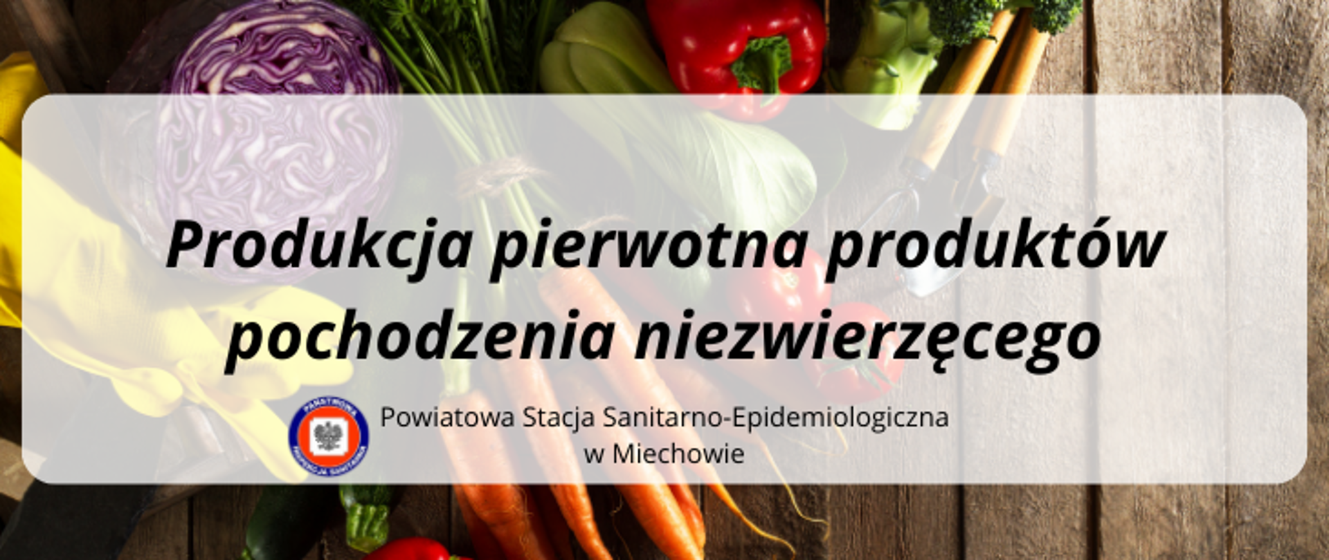 Na tle warzyw i narzędzi ogrodniczych na środku znajduje się biały prostokąt z napisem Produkcja pierwotna produktów pochodzenia niezwierzęcego. W dolnej części białego pola znajduje się logo Państwowej Inspekcji Sanitarnej oraz napis Powiatowa Stacja Sanitarno-Epidemiologiczna w Miechowie.