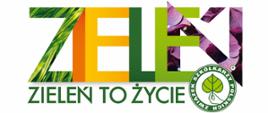 Logo z napisem „ZIELEŃ TO ŻYCIE”, w którym litery wypełnione są motywami roślinnymi i kwiatowymi; obok widnieje zielony znak Związku Szkółkarzy Polskich z liściem w dłoni
