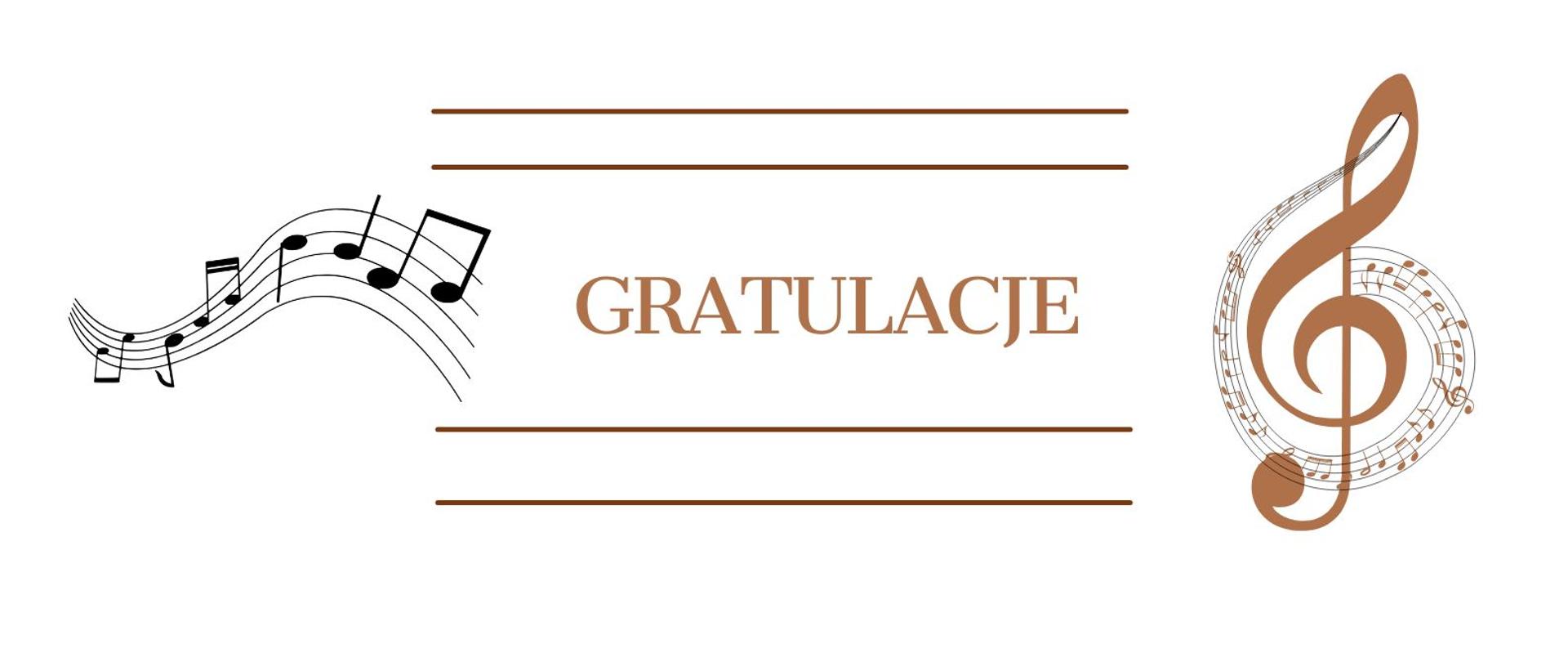 Gratulacje, ozdobny klucz wiolinowy ora nuty na pięciolinii