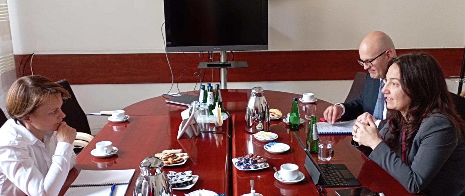 Trzy osoby siedzą przy stole. Z lewej strony w białej koszuli siedzi wiceminister Jadwiga Emilewicz.