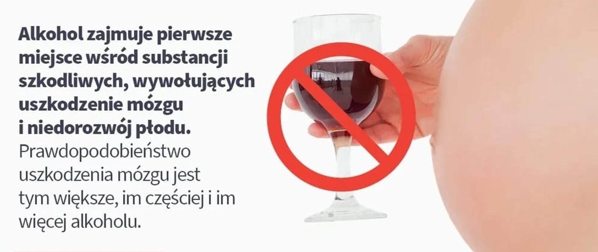 grafika z napisem po lewej stronie "Alkohol zajmuje pierwsze miejsce wśród substancji szkodliwych, wywołujących uszkodzenie mózgu i niedorozwój płodu. Prawdopodobieństwo uszkodzenia mózgu jest tym większe, im częściej i więcej alkoholu". Po prawej stronie zdjęcie brzucha ciężarnej kobiety. a przy brzuchu dłoń trzymająca kieliszek wina, na którym jest nałożony znak zakazu. 