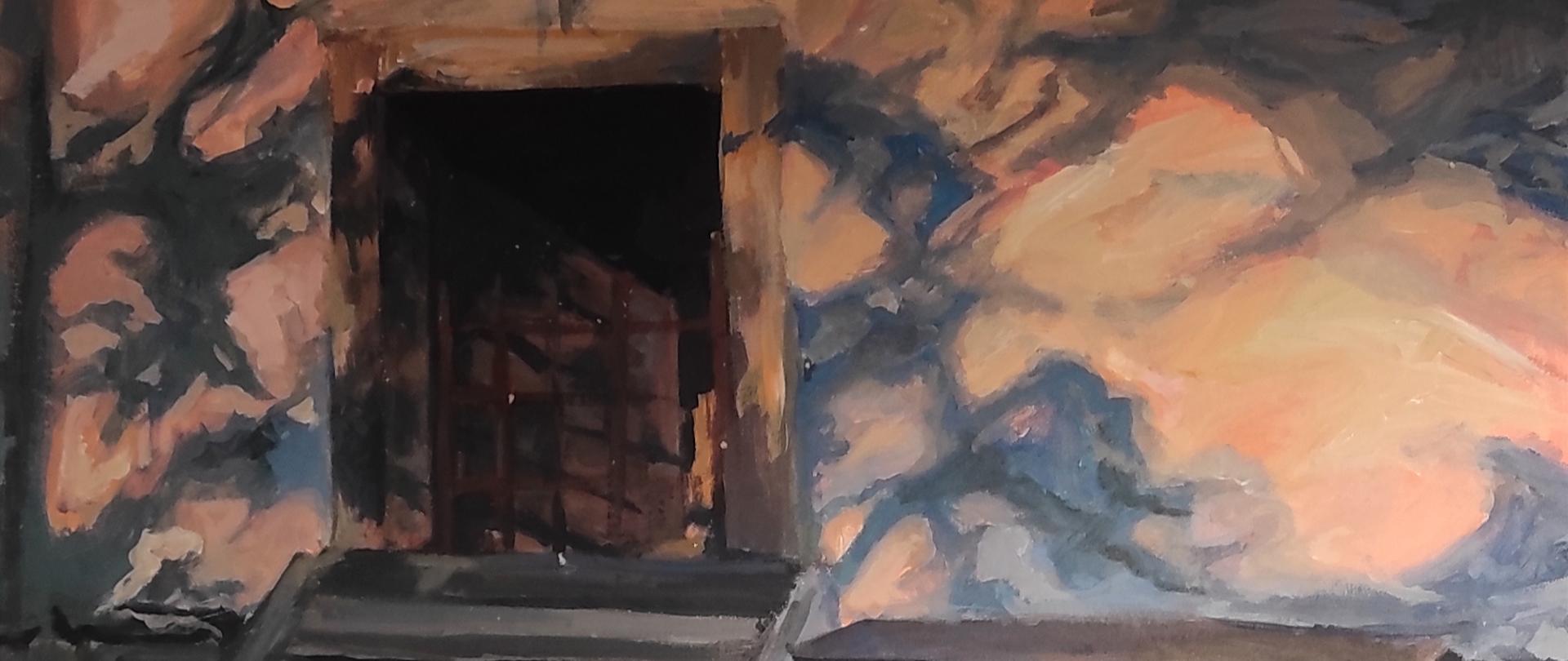 Obraz przedstawiający zewnętrzne drzwi domu i ścianę domu z plamami słonecznymi