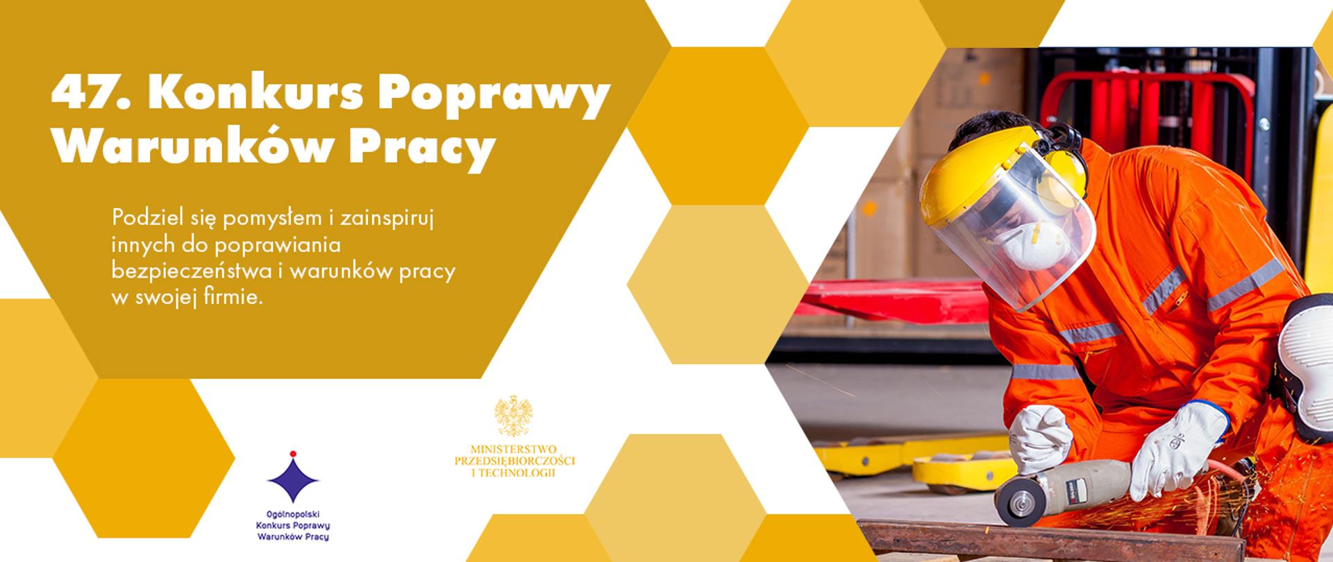 Grafika składa się z wielu elementów w kształcie plastra miodu w różnych odcieniach żółci. W jednym z nich umieszczone jest zdjęcie mężczyzny w kombinezonie ochronnym, masce i słuchawkach wygłuszających, który piłuje metalowy przedmiot. Widać lecące spod piły iskry.