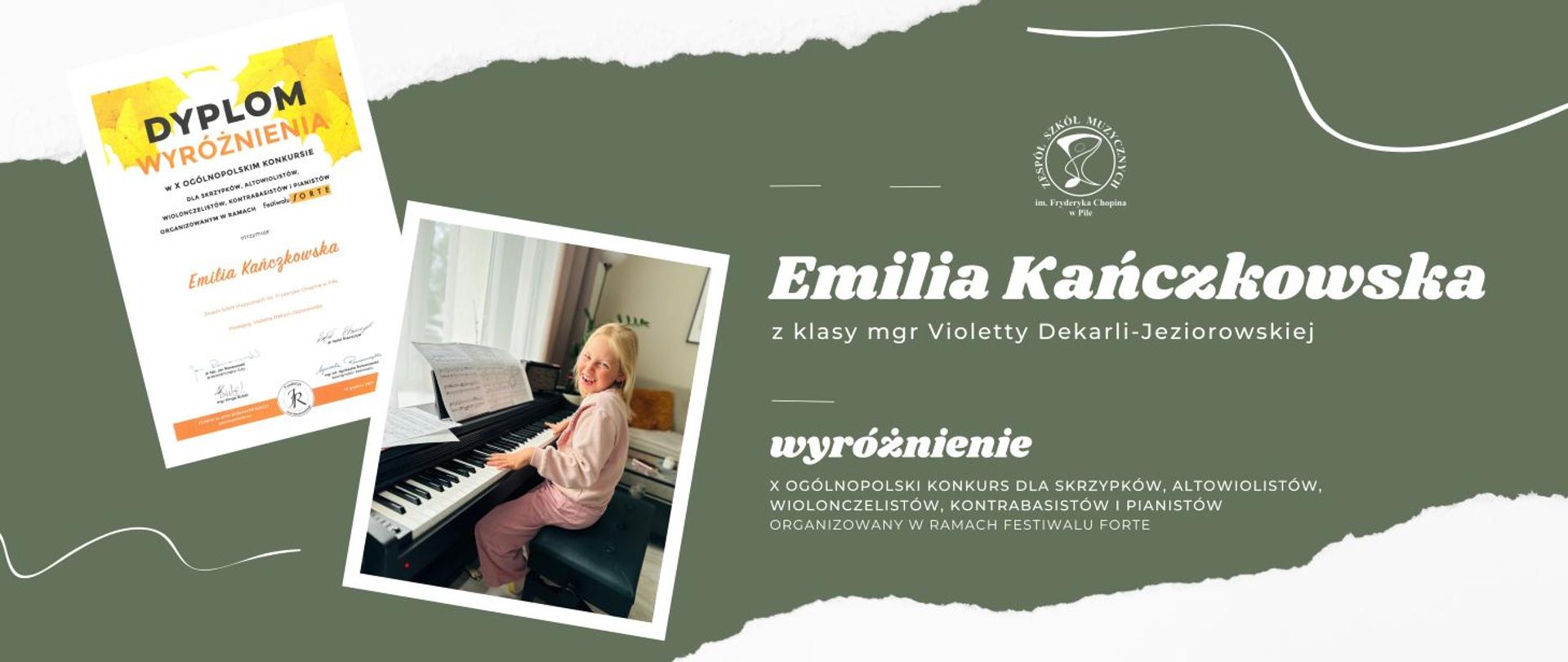 Na zielonym pasku napisy. Po lewej stronie dwa zdjęcia dyplomu i dziewczynki w różowym dresie w długich jasnych włosach, siedzącej przy fortepianie z pięknym uśmiechem.