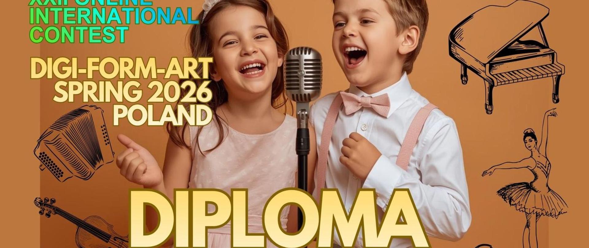 Zdjęcie przedstawiające dyplom za zdobycie nagrody I laureata na gitarze solo w grupie Junior IV - wiek od 16 do 19 lat przez Denysa Krasii, w XXII Międzynarodowym Konkursie Internetowym DIGI-FORM-ART Spring 2026 zorganizowanym przez Fundację Benefis z Wolina. Podpisany szef fundacji - Robert Tomasz Zięba.