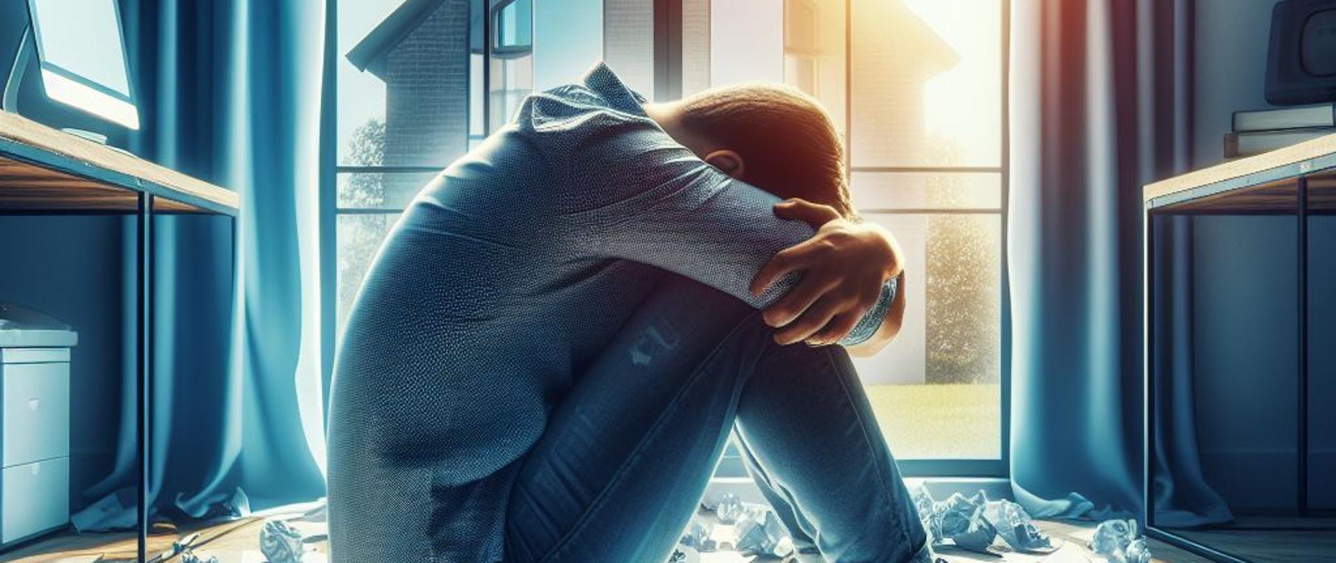 Obraz przedstawia osobę siedzącą na podłodze, przytulającą kolana i chowającą głowę. Twarz nie jest widoczna, tylko tył głowy i ramiona. Pokój jest jasno oświetlony przez duże okno, przez które widać nowoczesny dom. Ściany są białe i czyste, a podłoga pokryta porozwalanymi biurowymi przedmiotami, takimi jak komputer, drukarka, kubek, długopisy i papier. Obraz jest w realistycznym stylu, z żywymi kolorami i kontrastami.