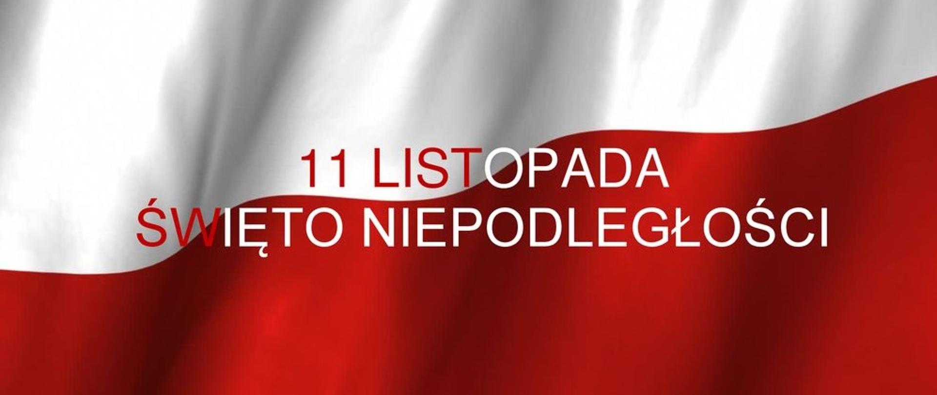 Zdjęcie przedstawia napis 11 Listopada Święto Niepodległości na tle biało - czerwonej flagi