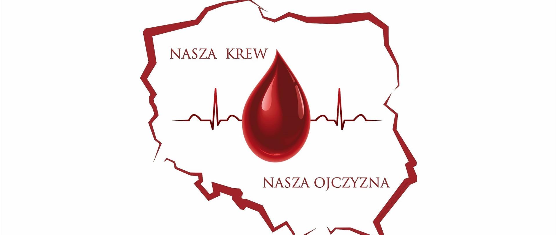 Zdjęcie przedstawia plakat akcji nasza krew nasza ojczyzna. Na konturach granicy polski umieszczona jest czerwona kropla krwi.