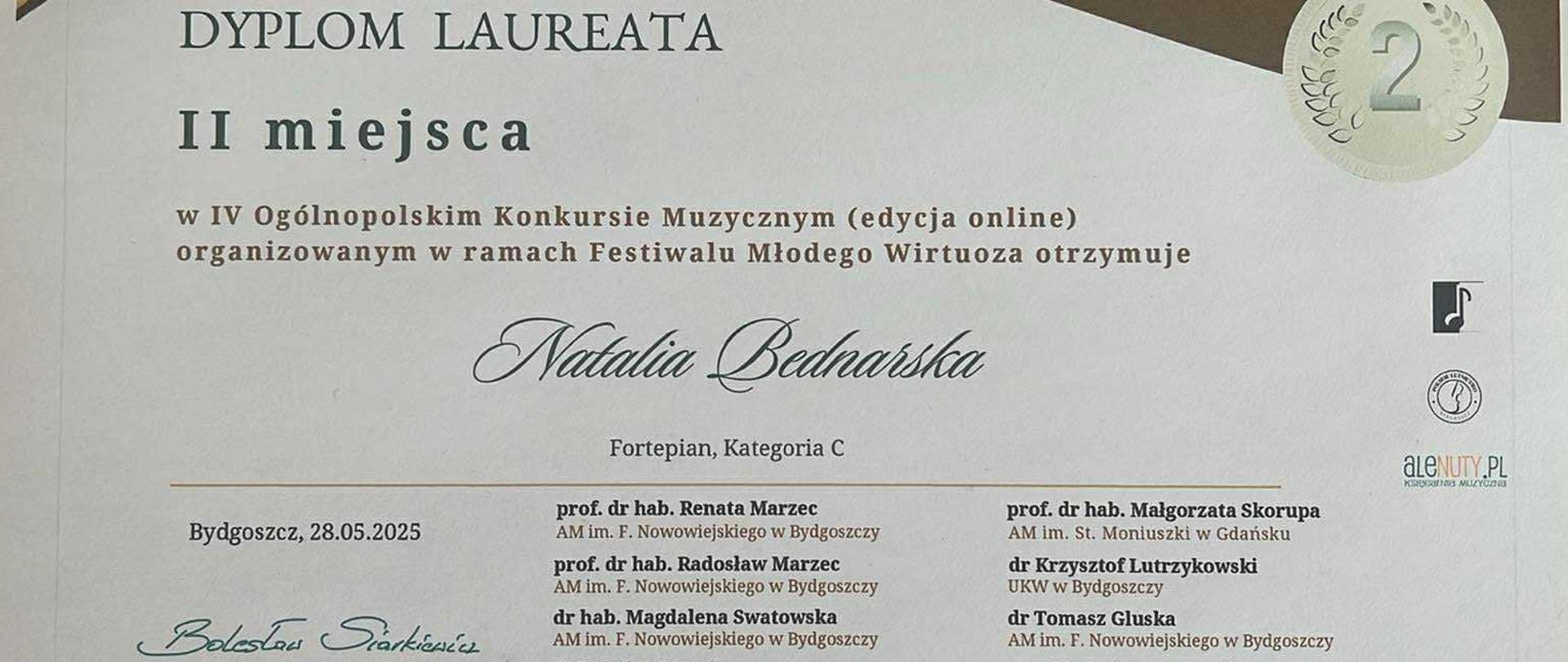 Dyplom Natalii Bednarskiej, II miejsce