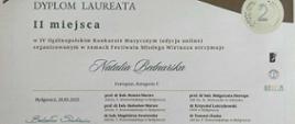 Dyplom Natalii Bednarskiej, II miejsce