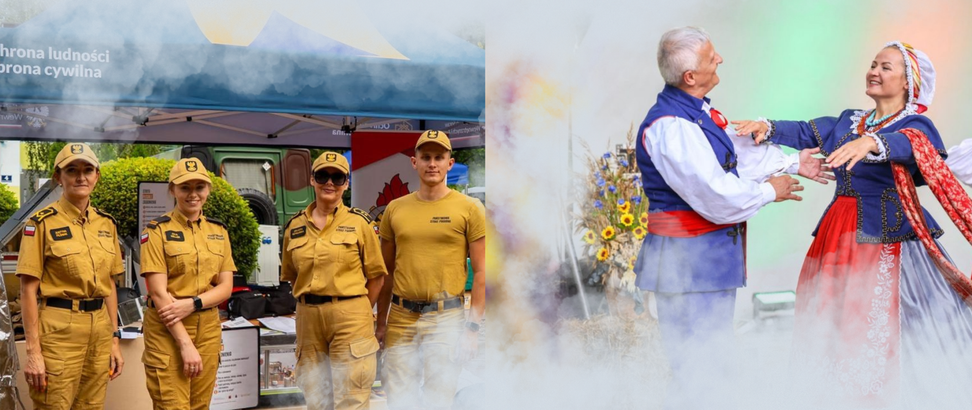 Grafika - po lewej stronie czworo strażaków w mundurach służbowych przy namiocie OLiOC. Po prawej stronie para tańcząca, w ubraniu folklorystycznym, kujawskim