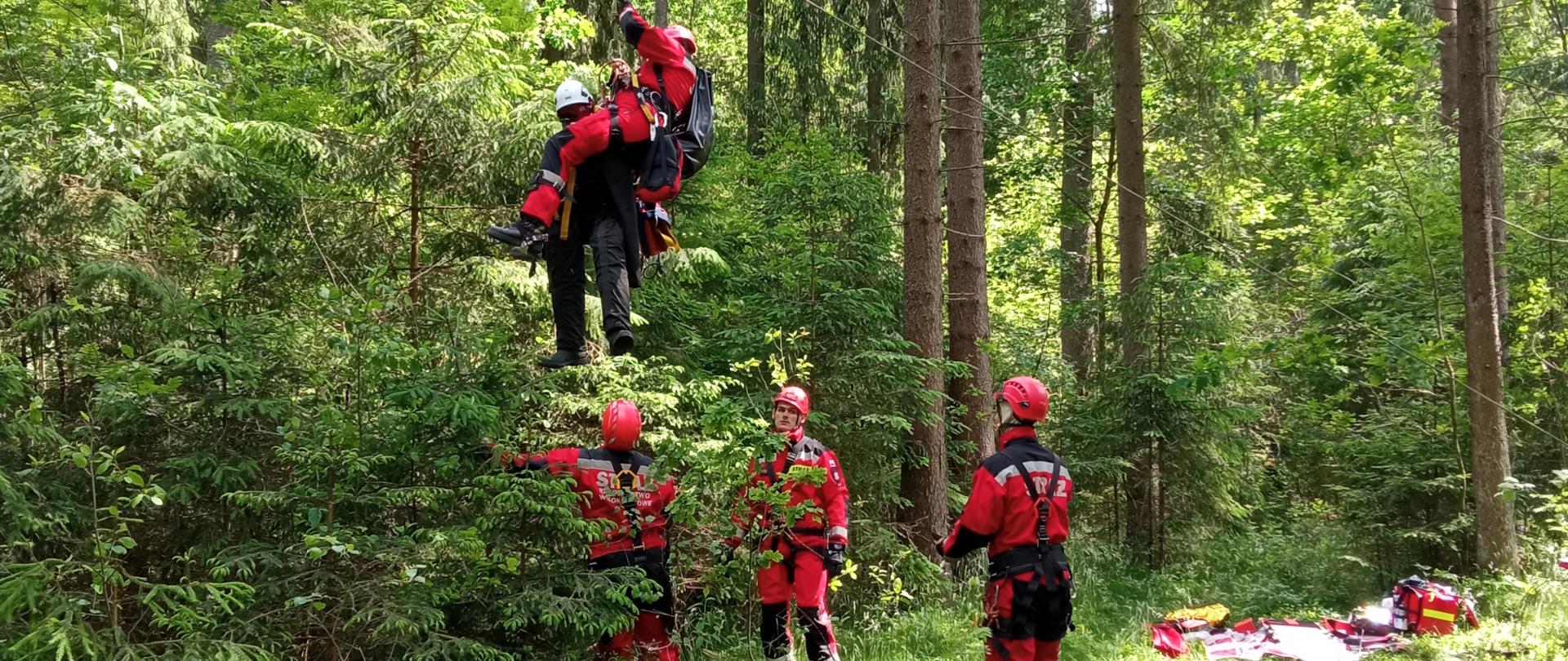 Zdjęcie przedstawia odpowiednio zabezpieczonego i wyposażonego w sprzęt ratownika wysokościowego, który zostaje wraz z osobą poszkodowaną ewakuowany w dół przy użyciu technik linowych. Na zdjęciu obecni są również pozostali trzej ratownicy wysokościowi, którzy czekają na przejęcie poszkodowanego w celu jego transportu do przygotowanego punktu medycznego widocznego w tle fotografii