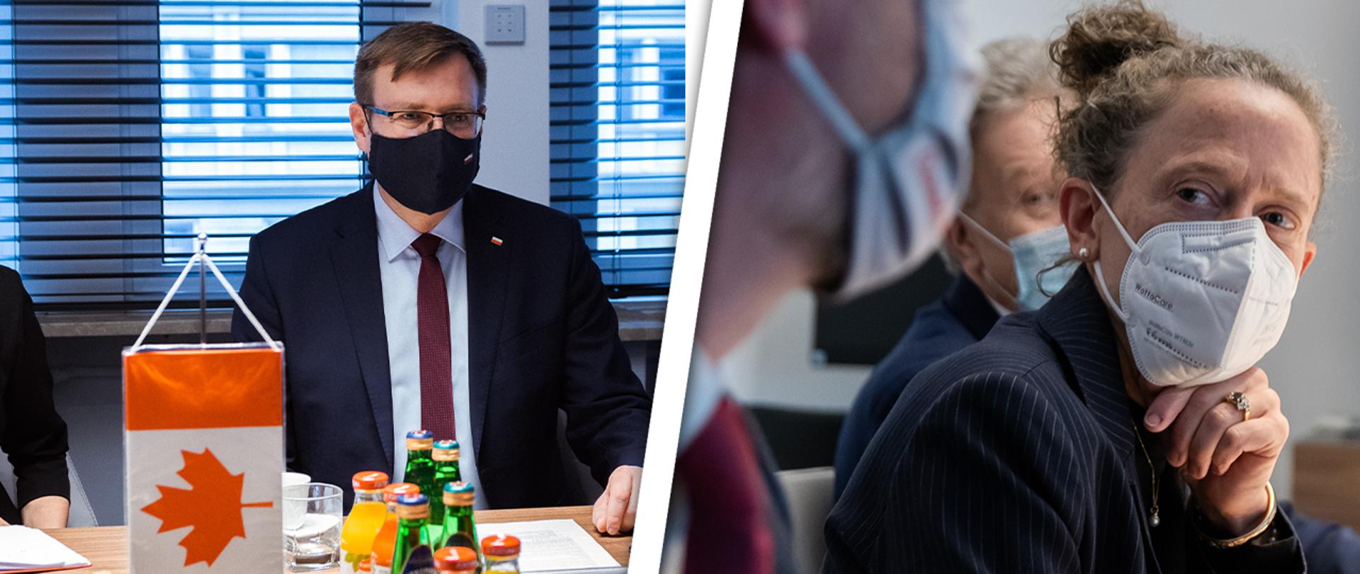 Kolaż dwóch zdjęć. Po lewej wiceminister Maciej Małecki w maseczce, na blacie proporczyk z kanadyjską flagą. Po prawej ambasador Kanady w maseczce