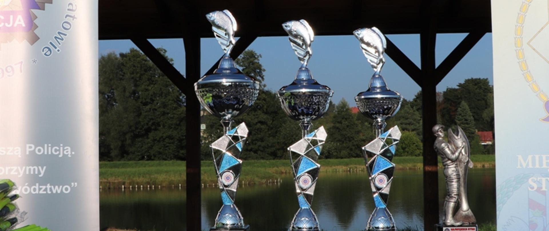 Puchary za miejsca na podium, w tle zalew w Zochcinek.