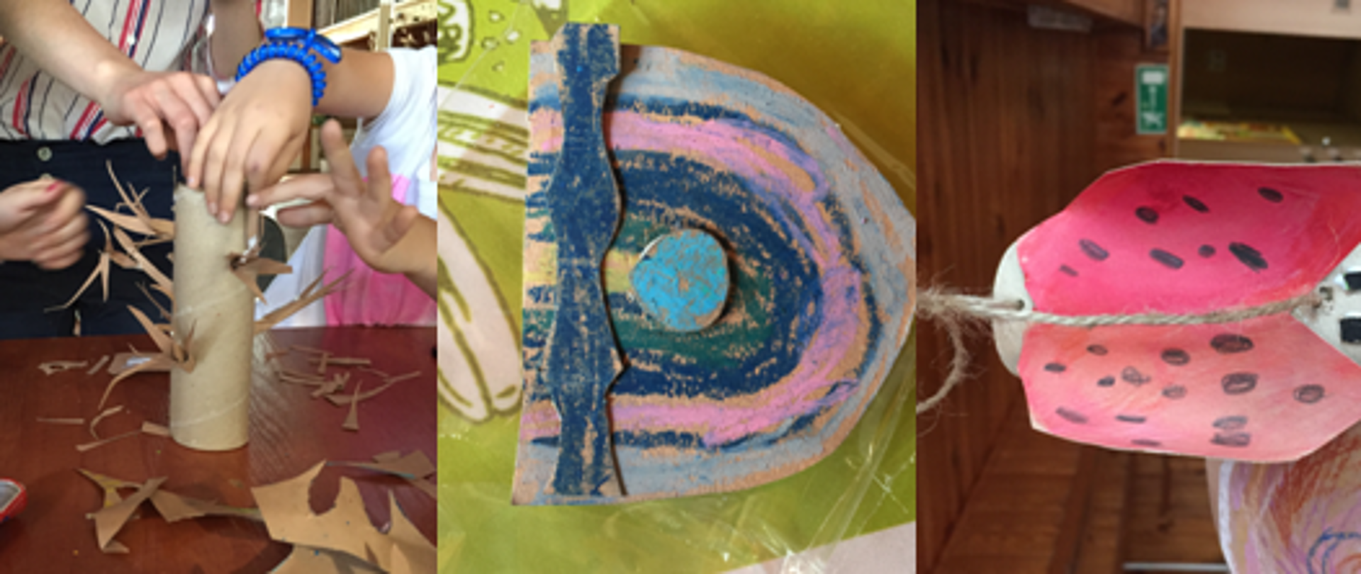 Trzy zdjęcia połączone w jedno zdjęcie. Na pierwszym widoczne dłonie, które tworzą rzeźbę z papieru. Na drugim na tekturze, pastelami narysowana abstrakcja w kolorystyce fioletowo-niebieskiej. Na trzecim papierowa biedronka.