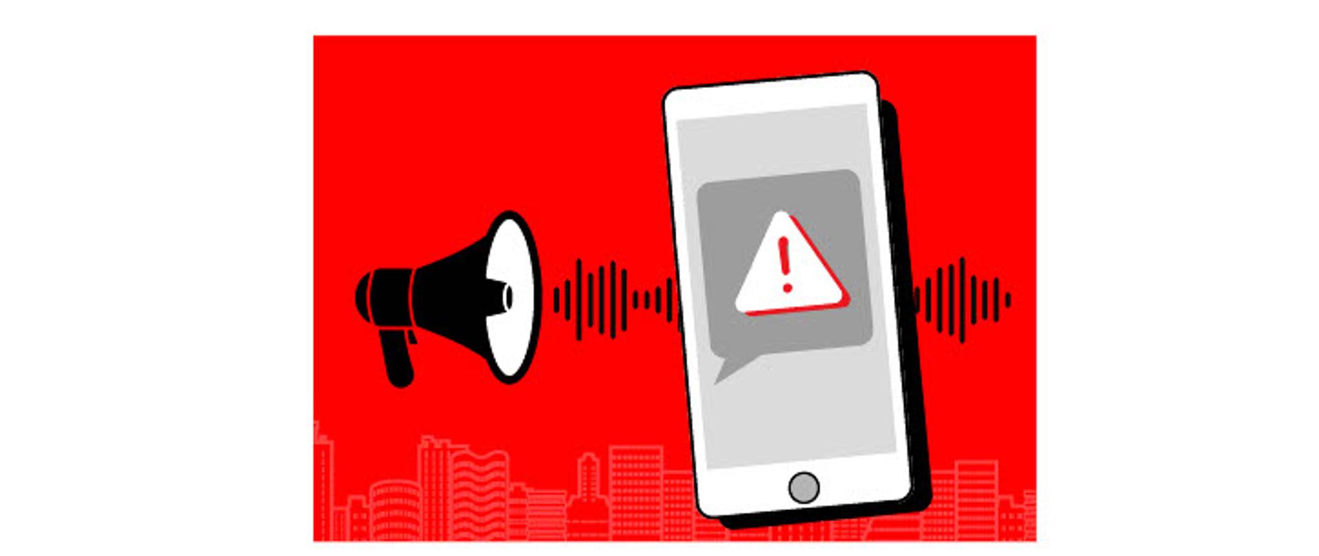 Okładka instrukcji reagowania na zagrożenie atakiem z powietrza: megafon i telefon z ostrzeżeniem na czerwonym tle.