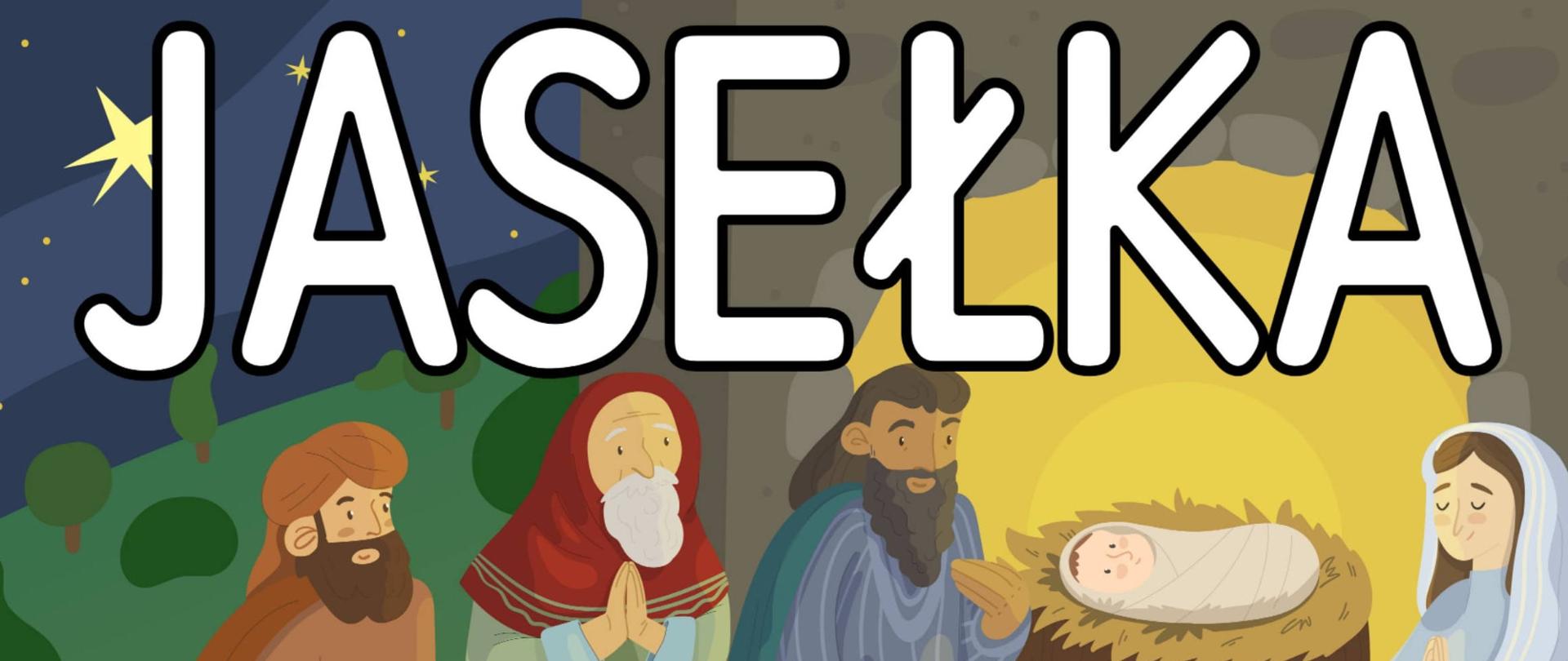 Kolorowy obrazek na górze biały napis Jasełka poniżej od lewej strony klęczą Trzej Królowie składający dary. W żłóbku leży maleńki Jezusek po prawej stronie klęczy Maria.