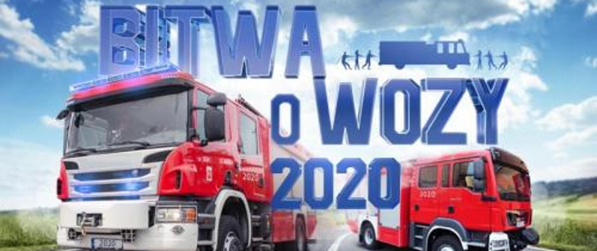 Widoczne dwa samochody ratowniczo - gaśnicze straży pożarnej. Napis: bitwa o wozy 2020.