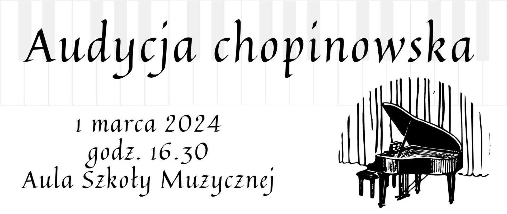 Plakat Audycja chopinowska, plakat przedstawia fortepian i ogłoszenie