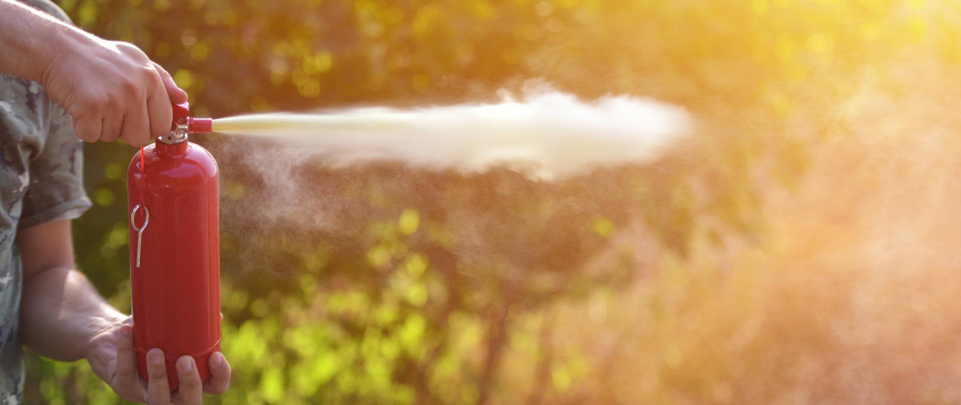 Osoba w trzymająca w dłoniach czerwoną gaśnicę ręczną wyzwala strumień białego środka gaśniczego na tle rozmytej, zielonej roślinności i promieni słonecznych. Zdjęcie wykonane na zewnątrz, w silnym, złocistym świetle.
