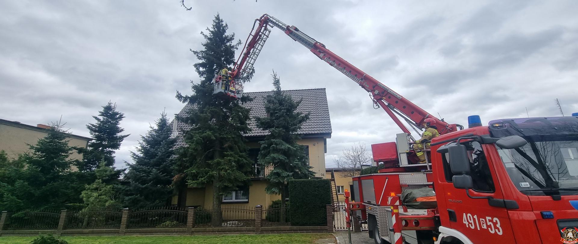 Strażacy usuwają skutki silnego wiatru, który przeszedł przez powiat krotoszyński. Na zdjęciu strażak w koszu podnośnika hydraulicznego przy pomocy piły usuwa pochylone na dom drzewo.