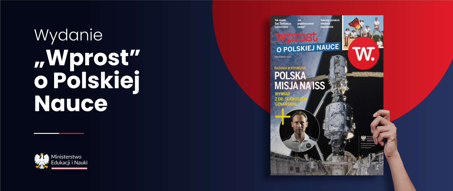 Grafika - na niebiesko-czerwonym tle okładka czasopisma i napis Wprost o polskiej nauce.